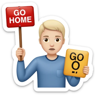 A white person holding a sign that says go home sticker