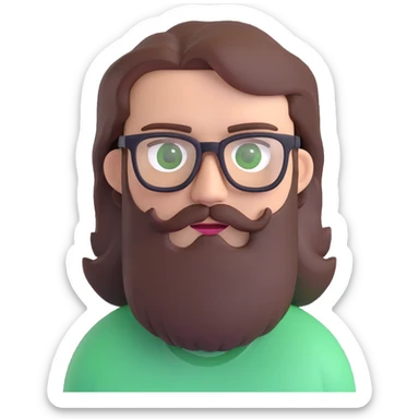 white male mid 30s green eyes black square glasses long brown beard with medium length brown hair sticker