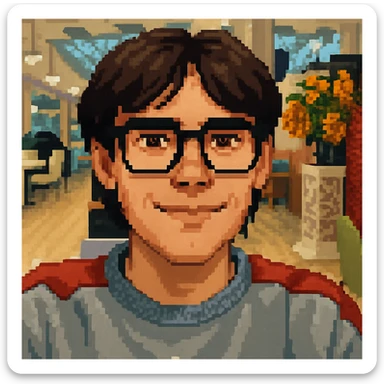 Dark-haired guy with hair to his earlobes, square black glasses, brown eyes, pixel art style sticker