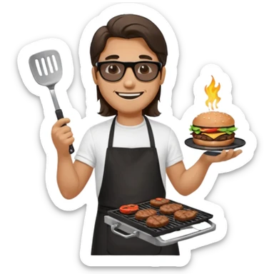 long hair man grilling wearing shade smiling in a white tshirt and a black apron grilling burger and meat on a sizzling grill sticker