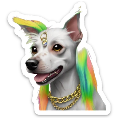 Punk Chinese crested dog neon rainbow hair gold chain punk piercings tattoos punk ear piercings sticker
