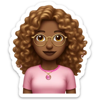girl with long brown curly hair brown skin gold circular glasses pink shirt jewelry sticker