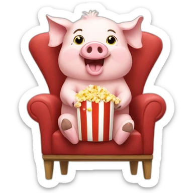 Happy pig sitting on a chair eating popcorn sticker