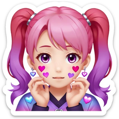 Face: Rosy terracotta skin (#E3B68E), star-pupiled eyes sparkling with 6-point white glints. Hair: Twin ponytails dyed gradient pink→purple, holographic hair charms shaped like hearts. Extra: Speech bubble exploding with "KYAAAA!" in red katakana, hands squeezing cheeks. sticker