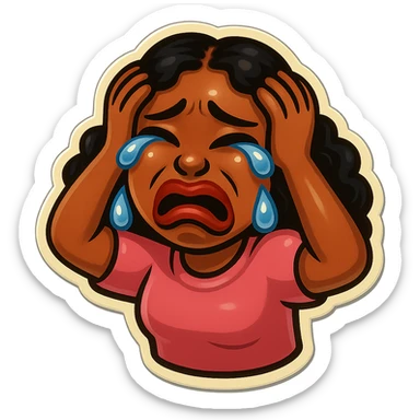  laughing with Tears rolling down face 
Mouth Pout
hands on head 
pink shirt 
head down
 sticker