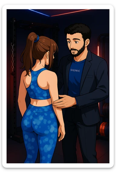 ispirati a questo stile di disegno e fai questa immagine in versione manga/webtoon a colori, il manga mostra la donna di spalle, mentre l'uomo le tocca la spina dorsale per spiegarle come funziona la scoliosi:
Con una scoliosi il baricentro corporeo cade maggiormente da un lato; per non cadere la schiena compensa accumulando tensione sul fianco opposto.
Il risultato? Si inclina e ruota sempre più, fino a che non cede (discopatie, artrosi, ecc) sticker