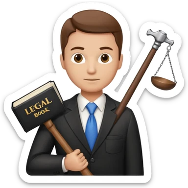 Create an emoji symbolizing the legal support of the business and financial assistance from accountants. The image should combine the image of a lawyer with a hammer of justice and an accounting book next to the logo of a reliable company protecting the interests of business. sticker