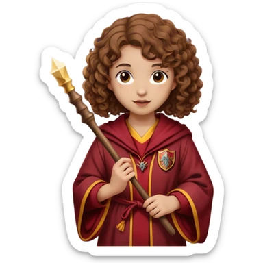 Girl with curly Brown hair and a gryffindor Robe and a small wooden wand and light Skin sticker