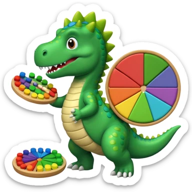 Dancing Dino holding an abacus against a pie chart sticker