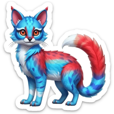Cute kawaii cool edgy badass  vibrant cyan-cobalt-blue-to-crimson-red gradient-colored iridescent glossy fur  fantasy-caracal-civet-genet-sergal-vernid-Gryphon-Cacomistle-Trico-oncilla-animal-Fakémon-hybrid-fursona (full body), facial markings, (realism style) sticker