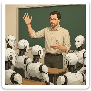 A human teacher standing in front of a classroom of androids, raising a hand to explain a concept sticker