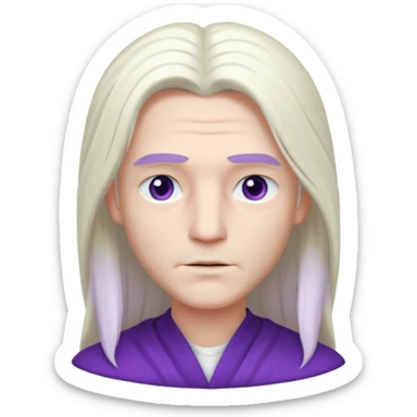 Beyaz uzun ve düz saçları olan,mor göz rengi olan, bembeyaz tenli bir erkek,genç,gözleri hafif çekik ve saçları da teni de bembeyaz olacak,genç olacak,kırışıklığı olmayacak,gözleri çekik ve mor renk olacak,alnında kırışıklık olmayacak,saçı daha beyaz olsun,genç olacak sticker