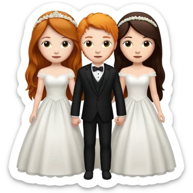 two girls getting married. one ginger with long hair in a BLACK SUIT. one DARK Haired brunette in a WEDDING dress sticker