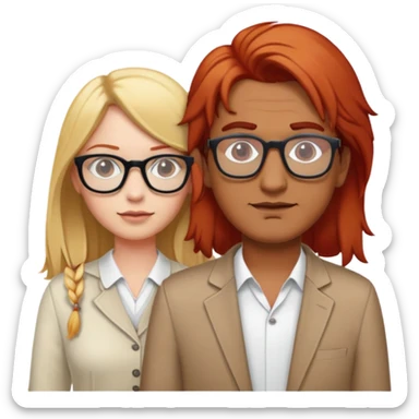 An Indian man standing between a red haired, white girl and a blonde white girl both girls wearing glasses sticker