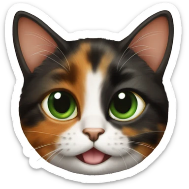 A small tortoiseshell cat with a half black and have orange face and green eyes sitting  sticker