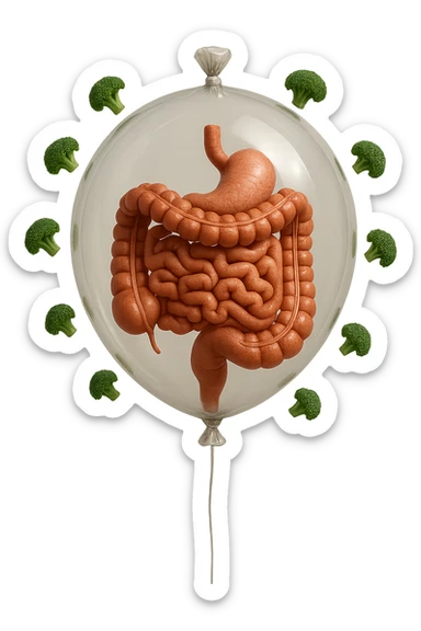 palloncino con intestino umano anatomico all'interno, attorno al quale fluttuano dei broccoletti, iperrealistico 4k sticker