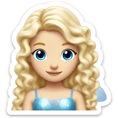 Create a blonde haired fairy with blue eyes and a pink dress with sparkly wings. White wings. The fairy has long, curly hair with a lot of volume sticker