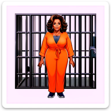 Oprah Winfrey in jail wearing an orange jumpsuit behind bars make her look sad put her in a jail cell with Diddy sticker