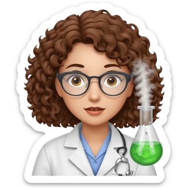 A crazy female scientist, with curly brown hair, brown eyes and grey glasses sticker