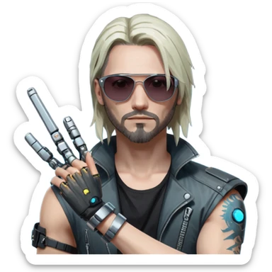 Jony Silverhand from Cyberpunk 2077, city background, detailed, iconic look, sunglasses, cybernetic arm, grunge style sticker