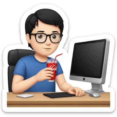 Hombre blanco con gafas, pelo negro tomando un refresco frente a un ordenador con ropa de sport sticker