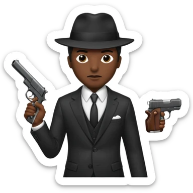 Mafia enforcer, suit and tie, black hat, gun sticker