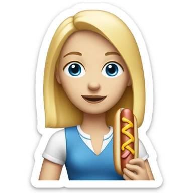 Blonde girl with blue eyes with a hot dog sticker