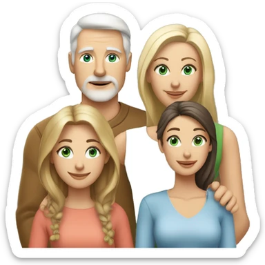 Family. White 60 year old man with dark hair and blue eyes. 60 year old woman with light brown hair and green eyes. Two 25 year old daughters with blonde hair and grey eyes  sticker