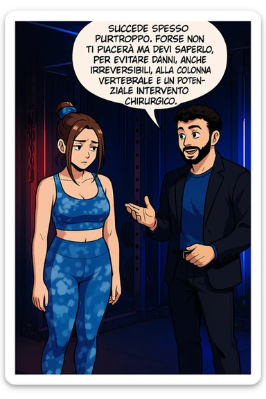 fai questa immagine in versione fumetto/manga/webtoon a colori, il manga mostra l'uomo che risponde alla donne:
Succede spesso purtroppo. 
Forse non ti piacerà ma devi saperlo, per evitare danni, anche irreversibili, alla colonna vertebrale e un potenziale intervento chirurgico. sticker