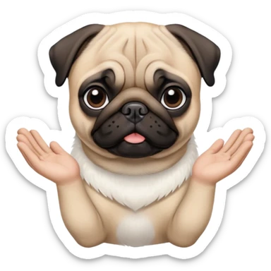 A open hand above a pugs head with white face but black facial features  sticker