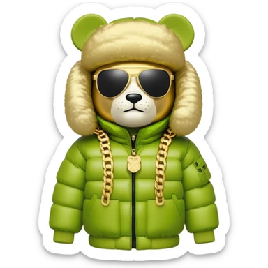 classic bearbrick in lime mask with graffiti tags, wearing sleek one-piece solid sunglasses visor spanning full width of face, oversized puffy jacket with plush fur trim, stacked gold chains, high fashion look sticker