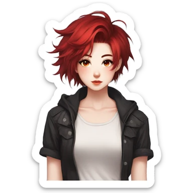 Gorgeous anime style tomboy-lady with blushing face aesthetic and pretty edgy black red punk hair with hair garment trending style sticker