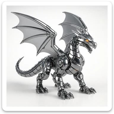 fierce chrome robotic dragon with segmented armor, metallic wings, illuminated accents, 1:1 aspect ratio sticker