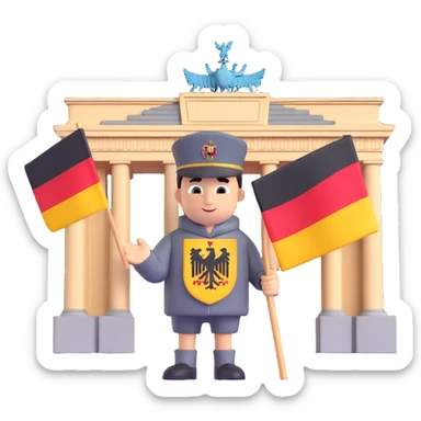 Add more German symbolism to the universal character in 3D style, including the German coat of arms, flag, and possibly the silhouette of the Brandenburg Gate or other recognizable German elements. Keep the 3D style and transparent background. sticker