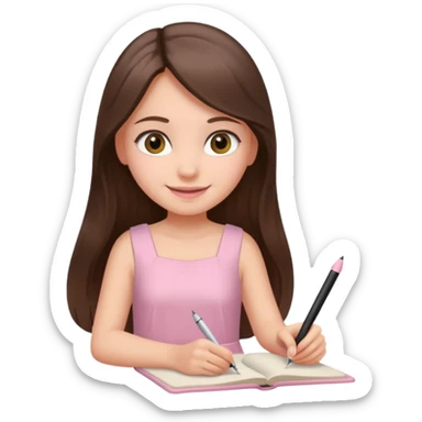 pretty smiling long brunette hair girl with hazel eyes wearing light pink dress writing sticker