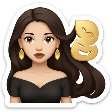 Beautiful woman,cute, long dark brown hair in dark dress with gold earrings sticker