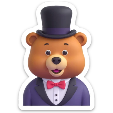 Freddy Fazbear from Five Nights at Freddy's, 3D emoji style, brown bear animatronic, black top hat, bow tie, simple background sticker