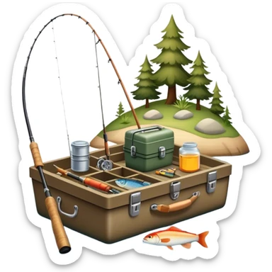 Icon for Fishing: a boat on the shore of a peaceful water body with a beautiful natural landscape, a fishing tackle box, a spinning rod. The icon should capture the tranquility and gear of a fishing adventure. Without frame. Transparent background. sticker