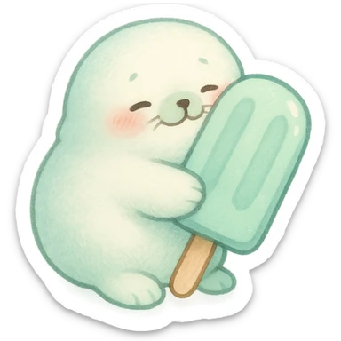 tiny refrigerator seal, soft and fluffy, hugging a popsicle, blushing, soft mint tones, full-body sticker