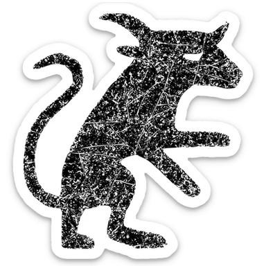 a highly abstract red icon of stoat-minotaur fusion with extensive scratches and deliberate wear, very minimal with most lines broken, incomplete outlines with numerous missing sections, extremely weathered and damaged appearance, ancient and worn look with multiple scrapes and faded areas sticker