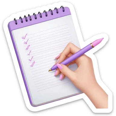 female hand with delicate lilac manicure writing in notebook with pastel pink pen sticker