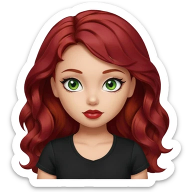 a pretty fair bratz girl with wavy dark red hair, wearing a black tee. eyeliner on, green eyes sticker