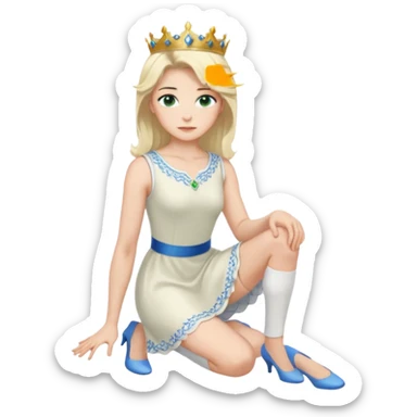 prince, upright, black Hair, blue eyes, garment,  Woman, bending knee, sleveless white dress, blonde hair, green eyes, sticker