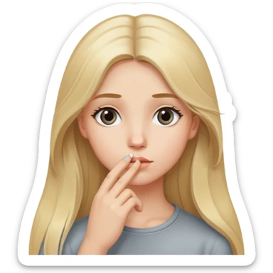 A girl with long blond hair and gray eyes made a thoughtful look, putting her hand to the edge of her lip sticker