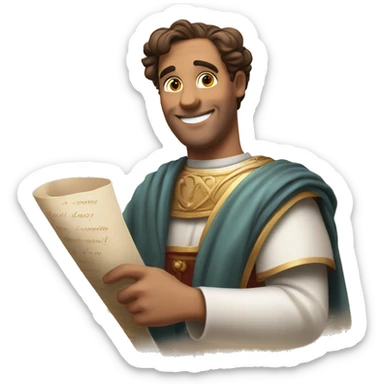 Lovestruck Senator with a Love Scroll: A Roman senator smiling, holding a scroll with hearts drawn on it, with a dreamy and gentle expression. sticker