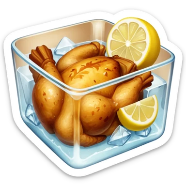 a baked chicken dish with lemon wedges in a large ice cube sticker