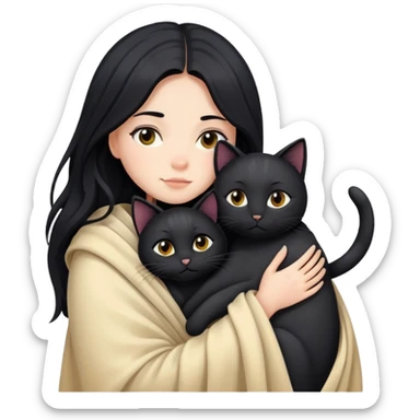 A girl with fair skin and long black hair wrapped in a blanket hugging a black cat sticker