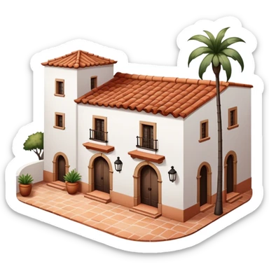 Traditional Spanish hacienda with white walls, terracotta roof, iron details, and small courtyard sticker