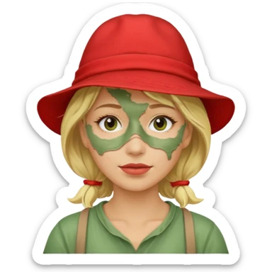 messy green clay mask and red tourist hat blond woman sticker