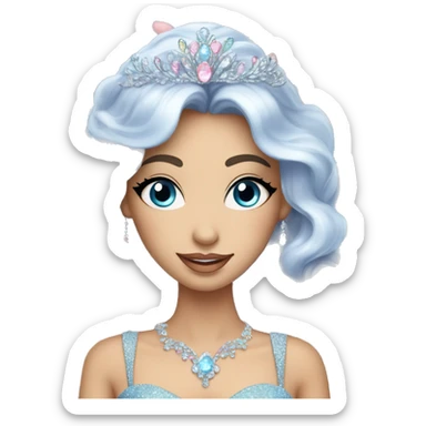Gorgeous pastel Lady with dark hair blue eyes in a sparkly shiny dress with tiara and necklace and flowers behind her and trending  sticker